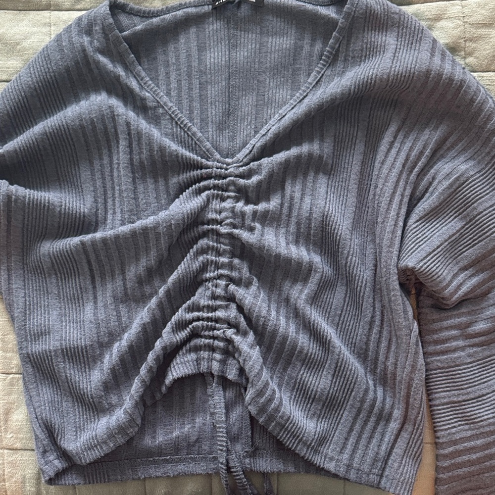 Dusty Blue V-Neck Ribbed Top